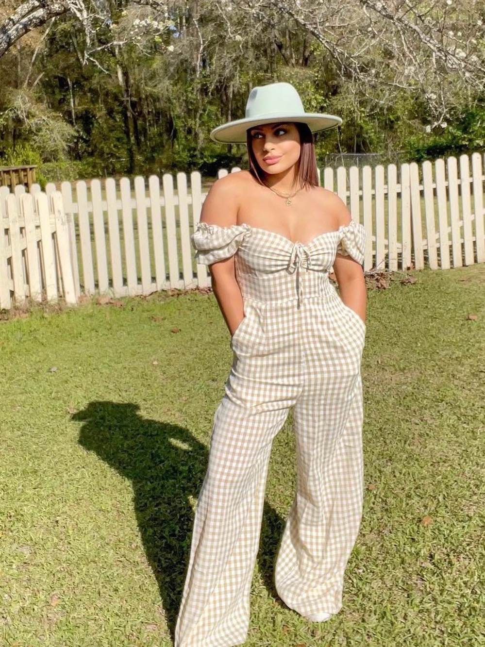 Gingham Off-Shoulder Wide-Leg Jumpsuit - Beige